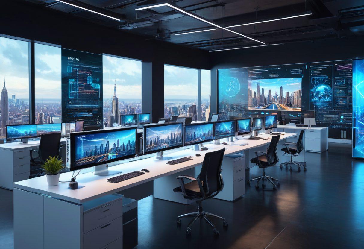 A futuristic office with holographic screens showcasing web designs and code integration. Professionals collaborate with animated digital solutions flowing seamlessly between devices, all set against a backdrop of a city skyline. Incorporate elements of innovation and modern technology. super-realistic. vibrant colors.