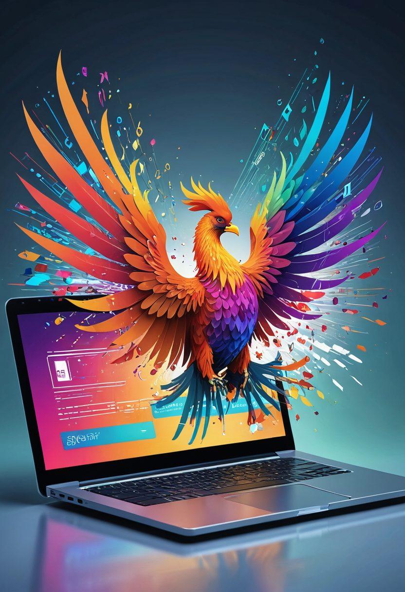 An intricate illustration of a phoenix rising from a laptop and a smartphone, symbolizing the rebirth of technology through full-stack development and innovative e-commerce solutions. The phoenix's feathers are made of colorful code snippets and binary digits, with shopping cart icons floating around. sleek, modern, vibrant colors, digital art.