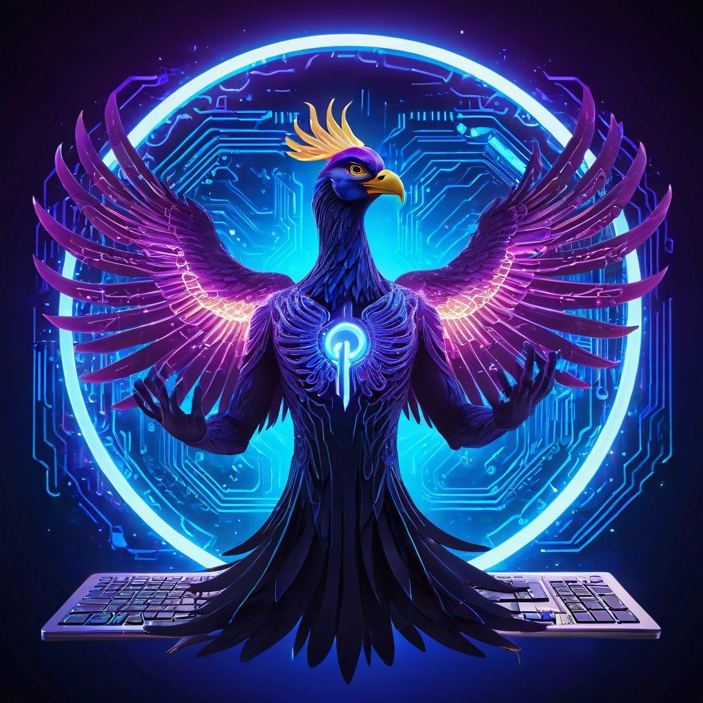 A futuristic phoenix rising from digital circuits and codes, holding a glowing web browser icon in its claws, surrounded by vibrant holographic elements of web development tools and gadgets. The background features a blend of deep blue and neon purple hues with digital patterns. super-realistic. vibrant colors. 3D.